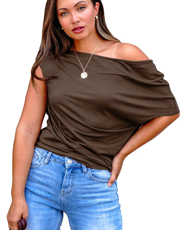 Coffee Plus Size Solid Color Asymmetric Neck Short Sleeve Blouse