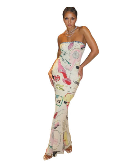 Abstract Personality Printed Sleeveless Strapless, Hip Hugging Jumpsuit Long Skirt