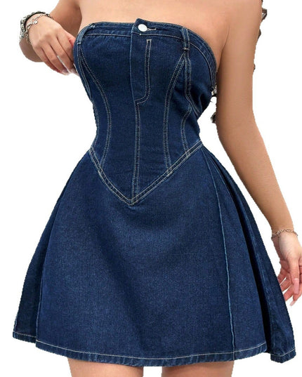 Women's Summer Off-shoulder Low Collar Sexy Fishbone Waist Tight Denim Dress Strapless Sexy Dress Trend Skinny Hipster Party Clubwear Y2K Bodycon