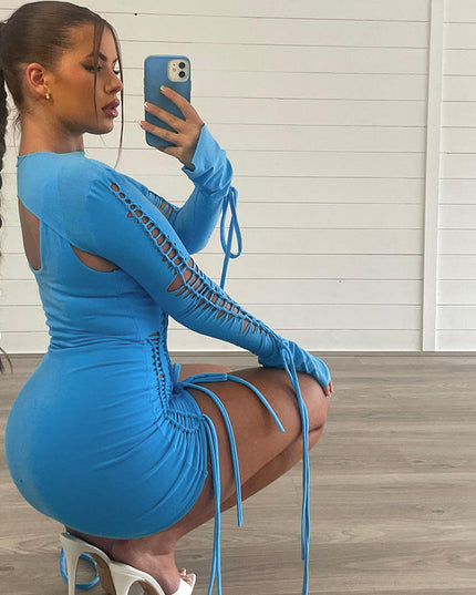 Long-sleeved Woven Cut Out Tie Wrap Hip Dress