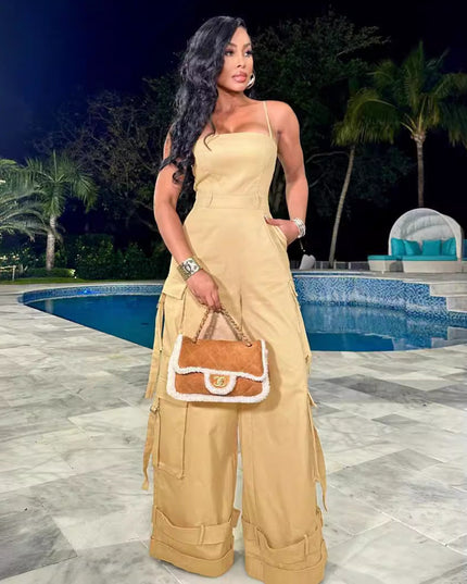 Tube Top Multi-pocket Cargo Wide Leg Jumpsuit