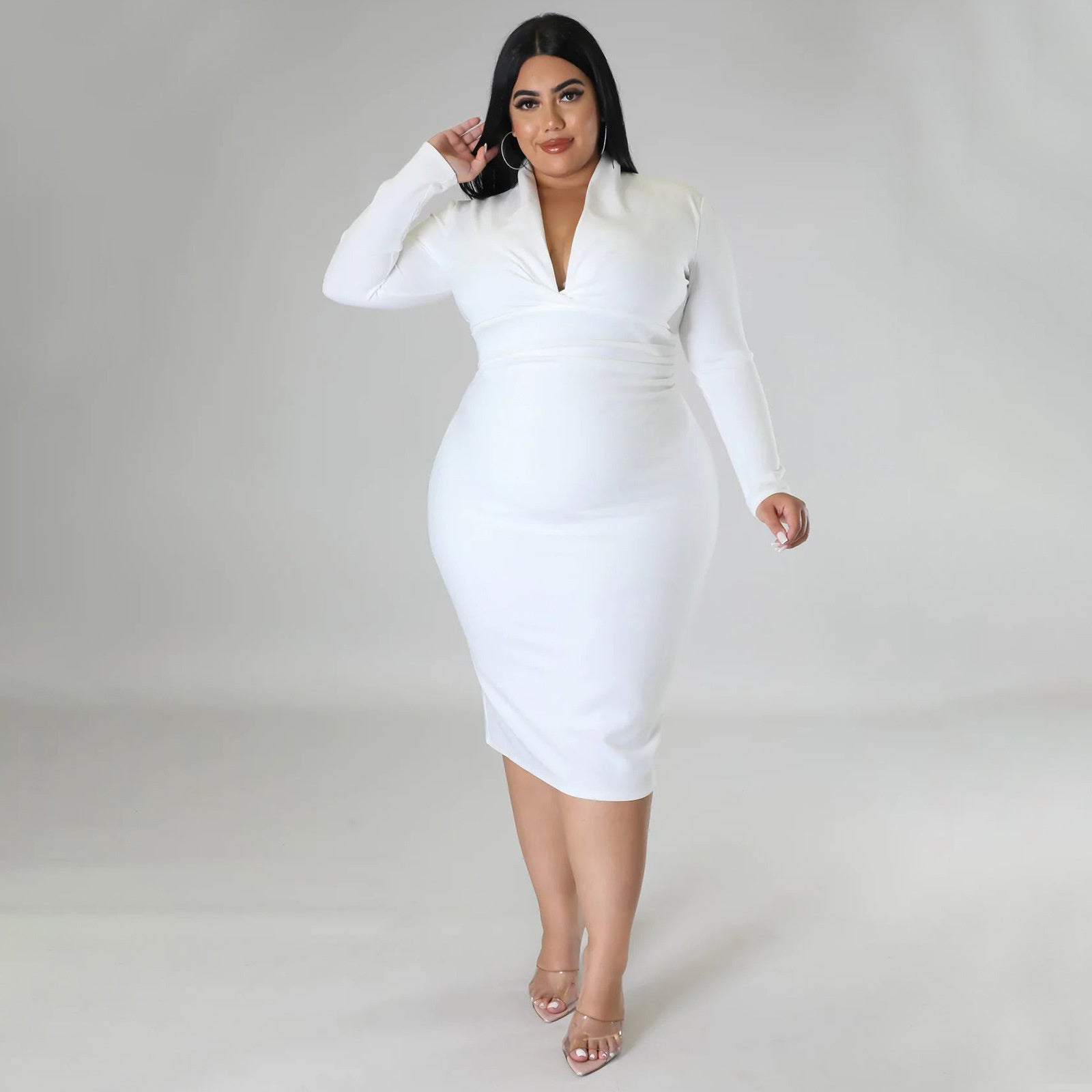 Fashion Casual Solid Color Long Sleeve Zipper V-neck Dress