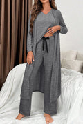 Gray 3-Piece Lounge Set: Women's V-Neck Sleepwear with Cardigan & Pants