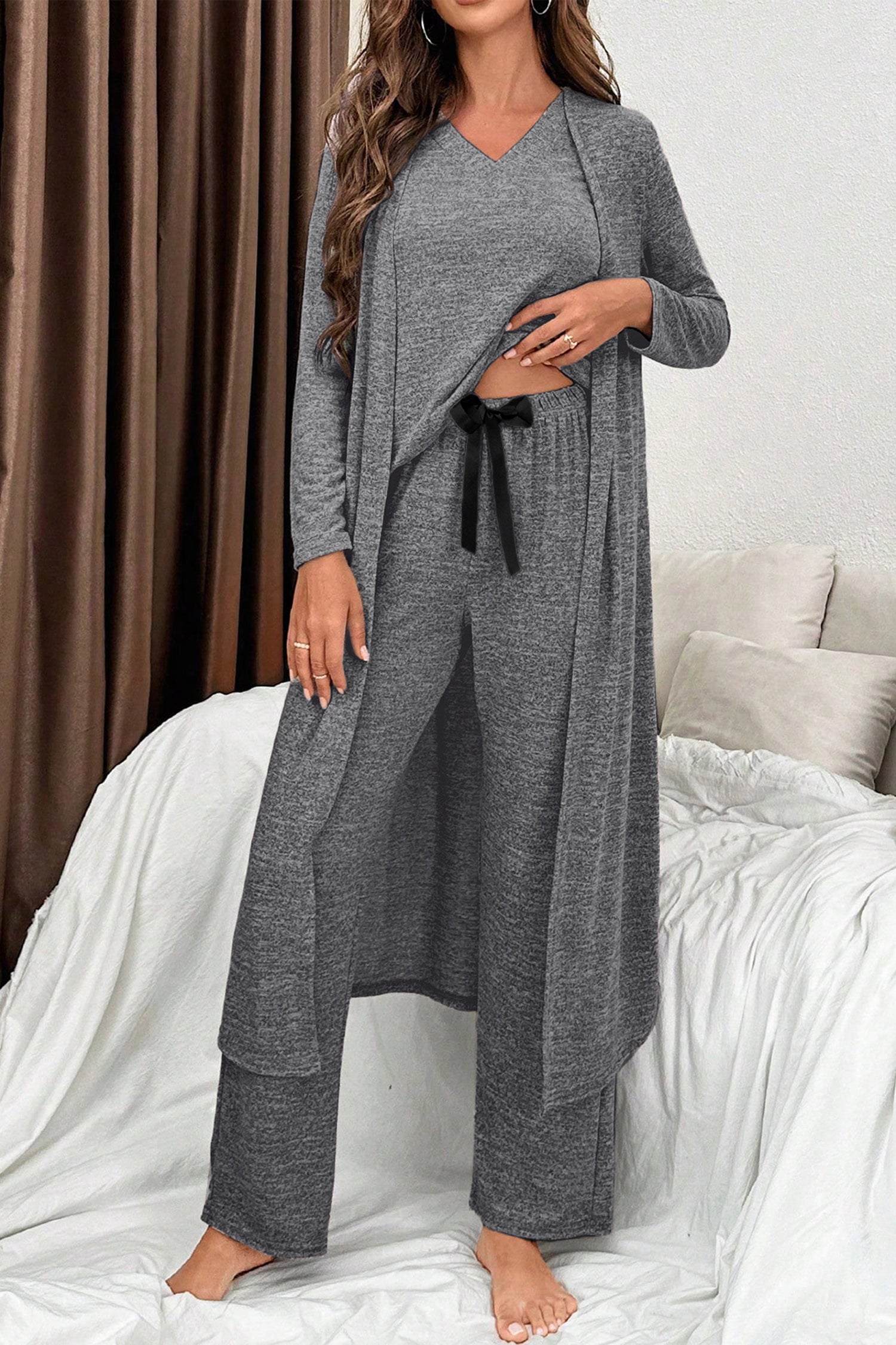 Gray 3-Piece Lounge Set: Women's V-Neck Sleepwear with Cardigan & Pants