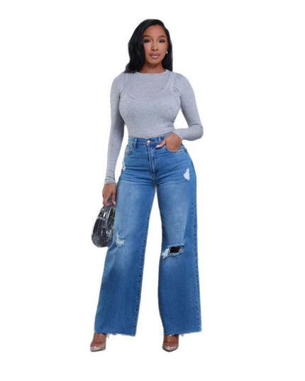 Women's Ripped High Waist Loose Straight Wide Leg Jeans