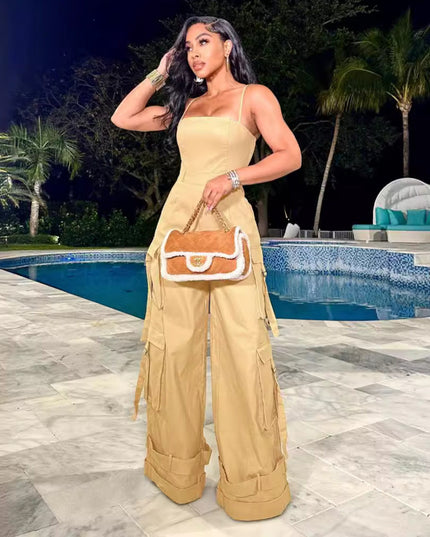 Tube Top Multi-pocket Cargo Wide Leg Jumpsuit