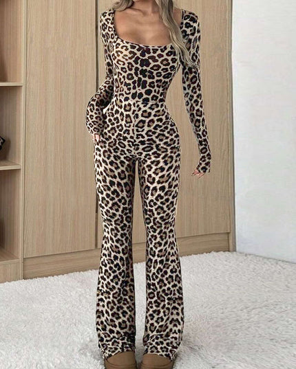 Women's Slim-fit Hip-wrapped Square Collar Leopard Print Jumpsuit