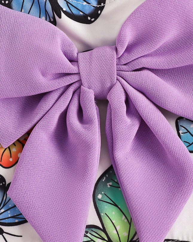 Children's lavender butterfly print crop top with bowknot detail