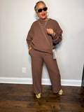 Brown Ribbed Lounge Set | Oversized Top & Wide Leg Pants
