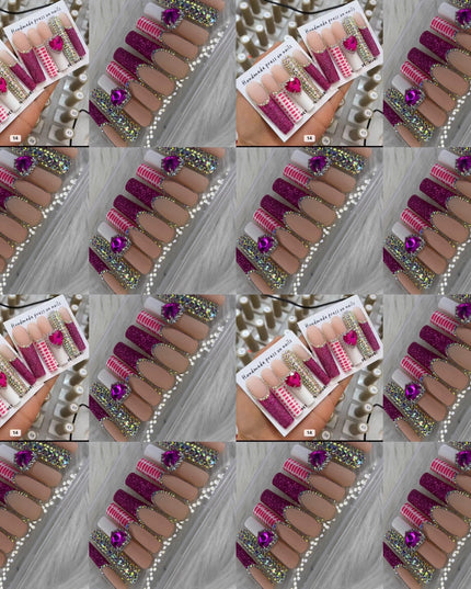 Pink long crystal press on nails