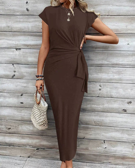 Elegant Waist Strap Striped Round Neck Short Sleeve And Long Pattern Dress