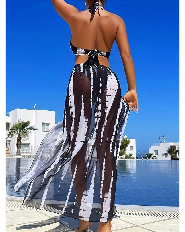 European And American Women's Swimsuit Sunscreen Bikini Three Piece Set Striped Printed Mesh Beach Vacation Sunscreen Swimsuit Women