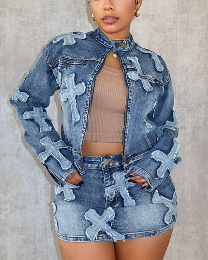 Denim Embroidered Short Skirt Jacket Suits Suit See size chart under “more details”