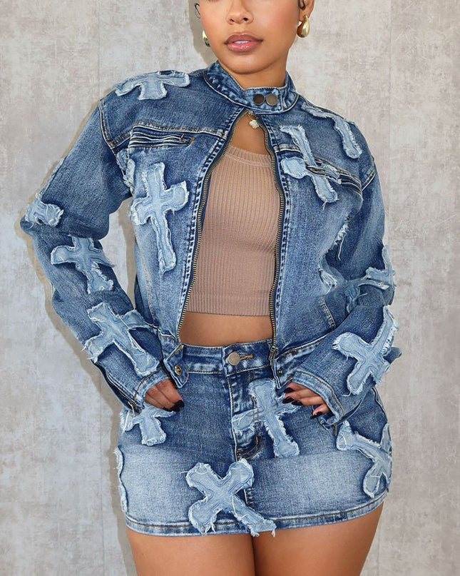 Denim Embroidered Short Skirt Jacket Suits Suit See size chart under “more details”