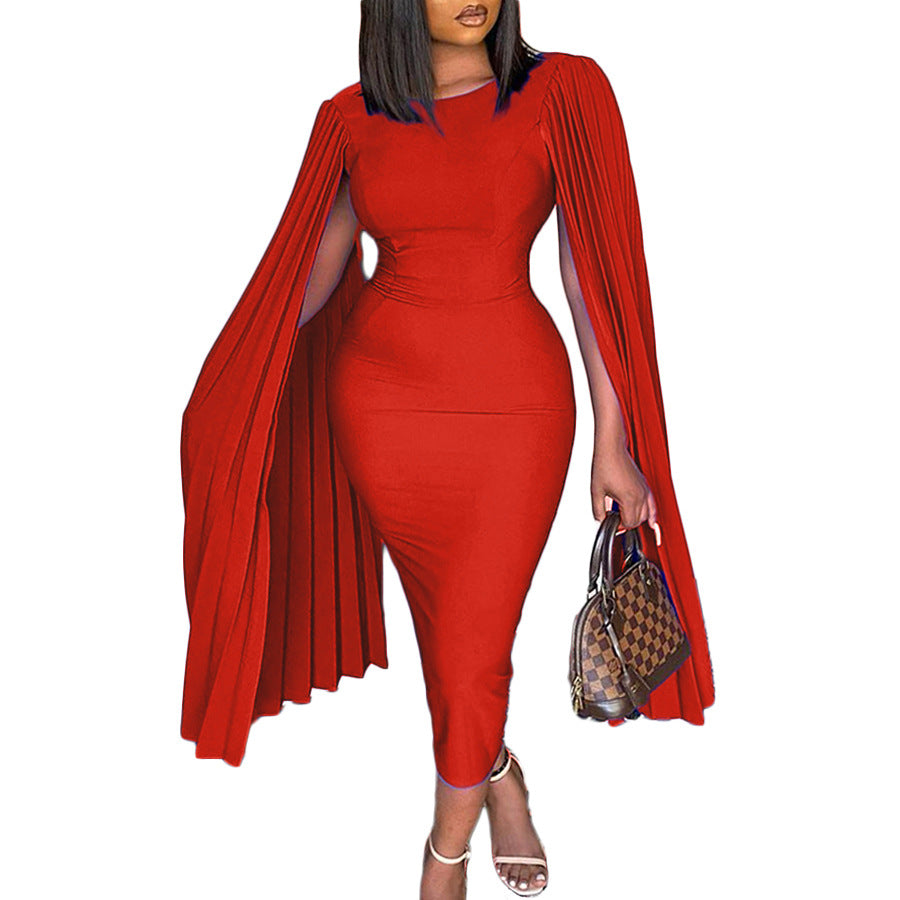 Fashion Pleated Ol Cape Plus Size Gown - Elegant Red Midi Cotton Blend Comfort