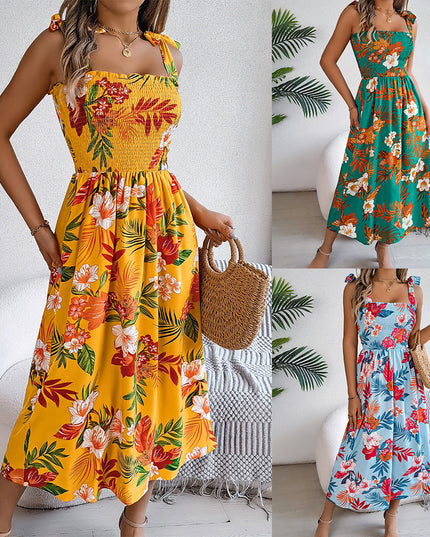 Flowers Print Suspender Corset Dress Ins Fashion Holiday Beach Long Dresses Summer Clothing For Women