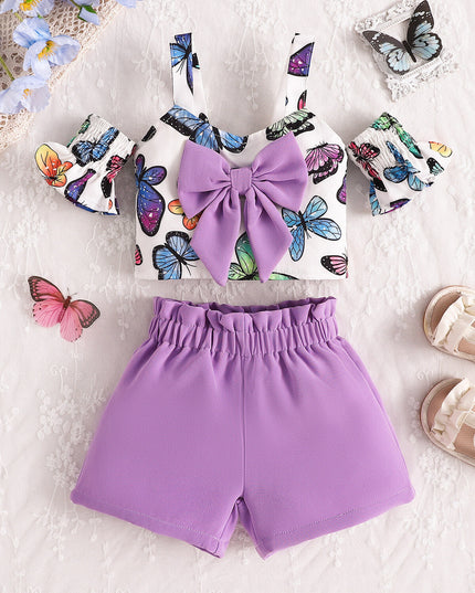Girls purple butterfly print crop top with bowknot and ruffle shorts set for summer