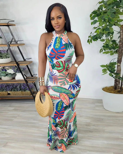 Women's Printed Sleeveless Round Neck Dress with Back Detail