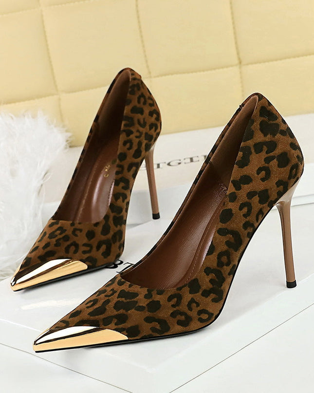 Women's Stiletto Leopard Print High Heels Suede Pointed Toe Pumps Gold Tip