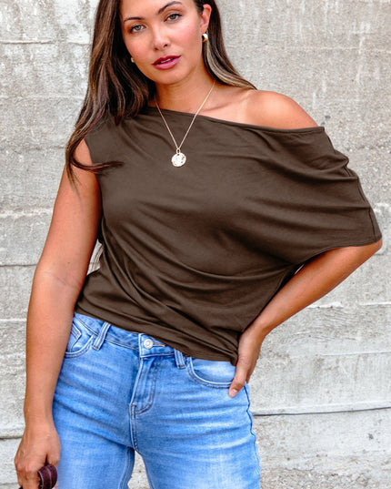 Coffee Plus Size Solid Color Asymmetric Neck Short Sleeve Blouse