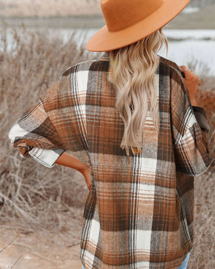 Gold Flame Grey Plaid Button Up Collared Flannel Shacket