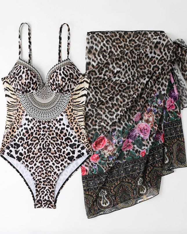 Leopard Print Casual One-piece Swimsuit Mesh Long Cover up