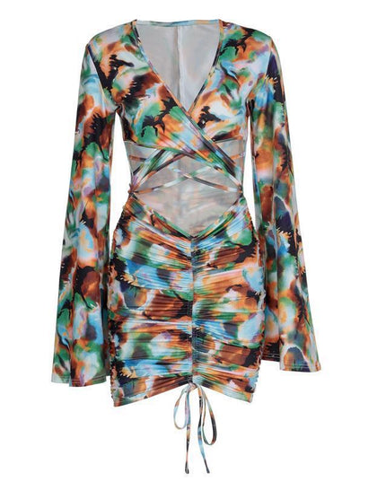 Women's Printed V-Neck Tie Long Sleeve Drawstring Hip Wrap Dress