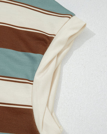 White Stripe Button Polo Collar Tee Drawstring Elastic Waist Patchwork 2pcs Short Set