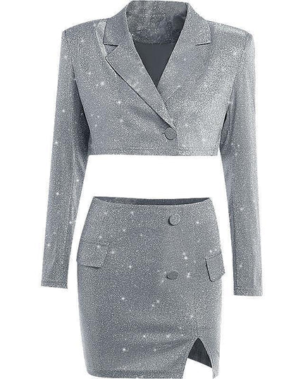 V-neck Long Sleeve Shiny Top Skirt Two-piece Suit
