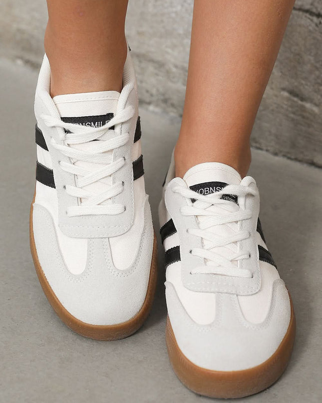 White Striped Lace Up Flat Sneakers For Everyday Comfort