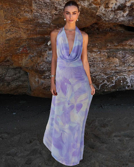 2pcs Tie Dye Printing Deep V-neck Suits Fashion Halter Backless Skirt For Beach Party Womens Clothing