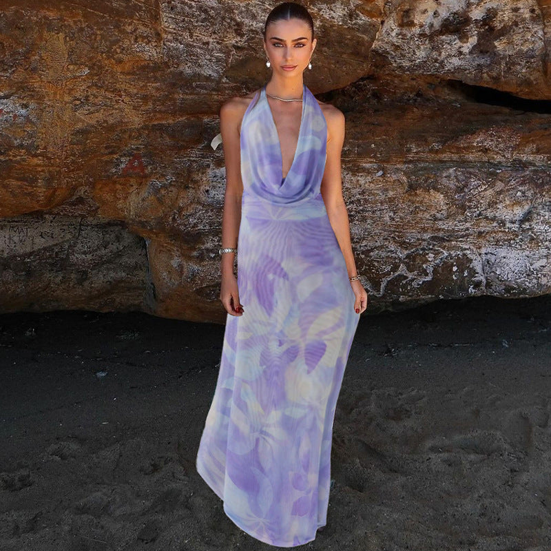 2pcs Tie Dye Printing Deep V-neck Suits Fashion Halter Backless Skirt For Beach Party Womens Clothing