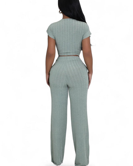 Cropped Belted Top Wide Leg Bottom 2 Piece Set {Tall Girl Friendly}