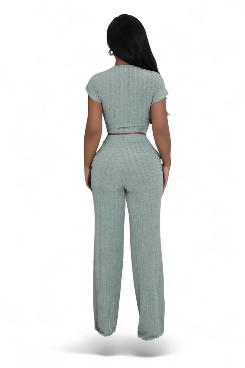 Cropped Belted Top Wide Leg Bottom 2 Piece Set {Tall Girl Friendly}