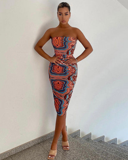 Women's Printed Wrap-chest One-shoulder Slim Temperament Dress