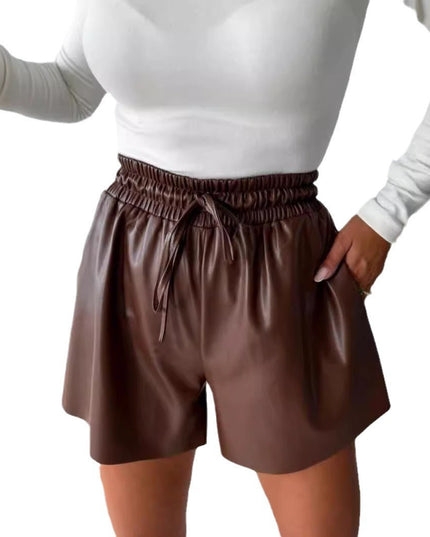 Drawstring Lace PU Leather Wide-leg Casual Pants Shorts For Women