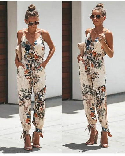 Backless Floral Print Jumpsuit with Slit Design