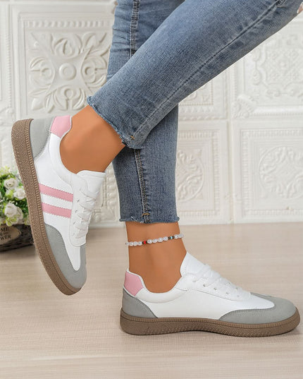Pink Striped Patchwork Sneakers: White PU Leather Lace-Up Casual Shoes