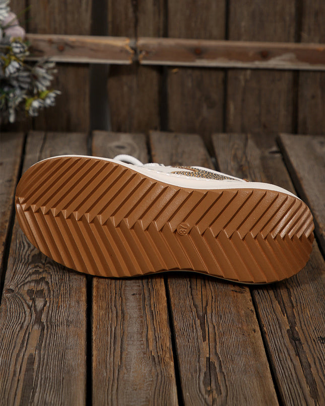 White Rhinestone PU Leather Platform Casual Sneakers