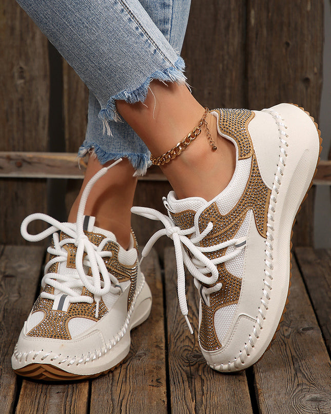 White Rhinestone PU Leather Platform Casual Sneakers