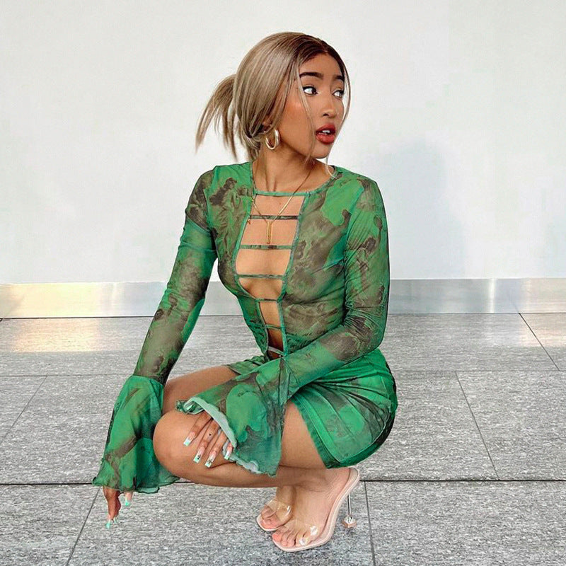 Bell Sleeve Cut out Top Mini Skirt set