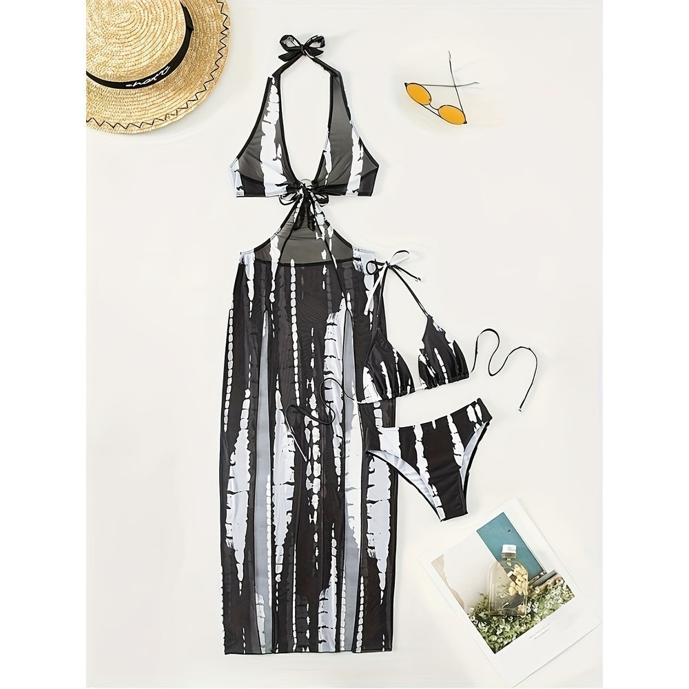 European And American Women's Swimsuit Sunscreen Bikini Three Piece Set Striped Printed Mesh Beach Vacation Sunscreen Swimsuit Women