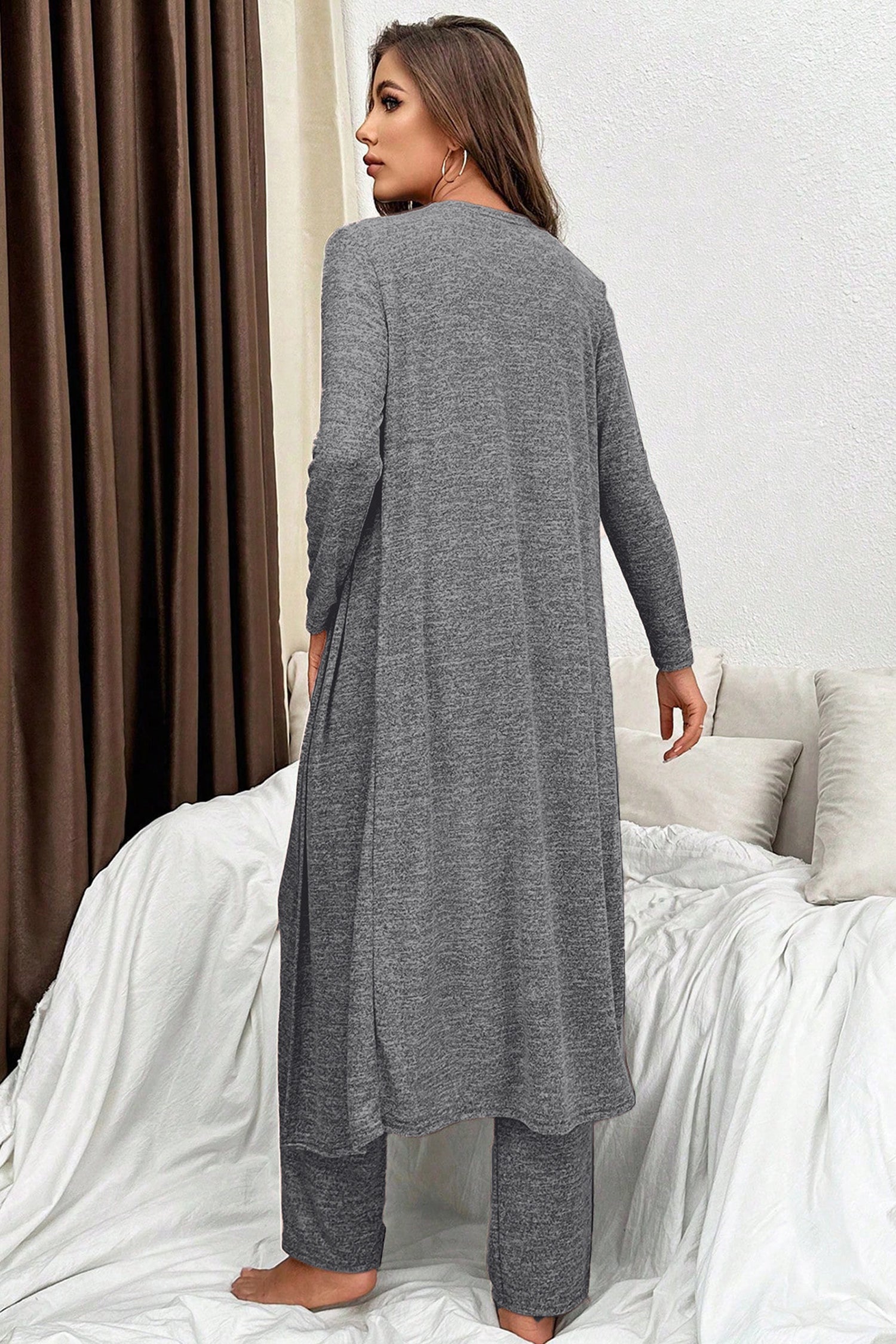 Dark Grey Women's 3-Piece Lounge Set: V-Neck Top, Pants & Open Duster Cardigan. Comfortable Sleepwear by Pretty Melanin Boutique