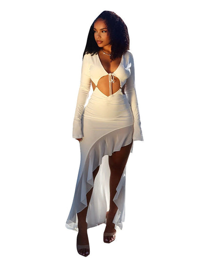 Women's Chest-wrapped Long Sleeve V-neck Lace-up Long Dress