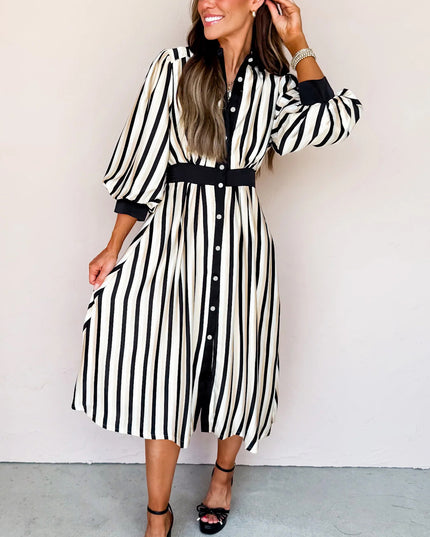 Black Stripe 3/4 Puff Sleeve Shirt Style Button Down Midi Dress