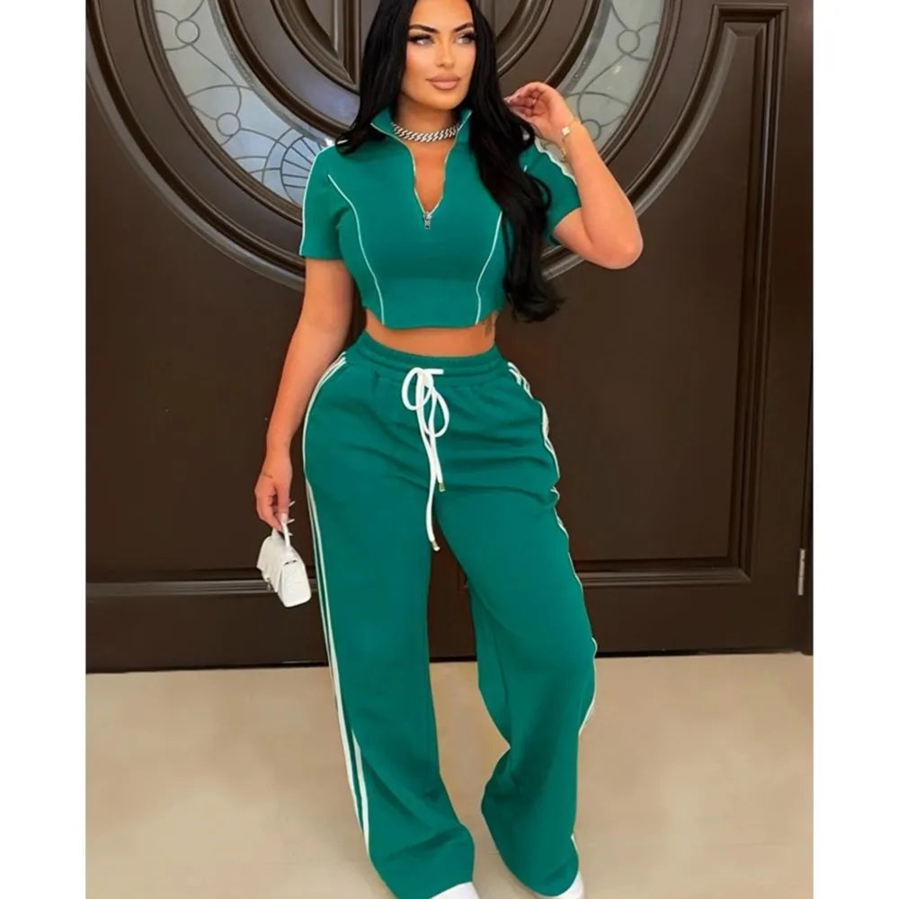 Green Tracksuit Set: Women's Fashion, Cropped Hoodie & Wide Leg Pants