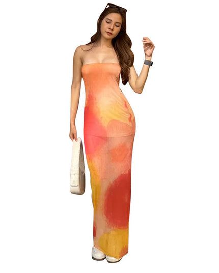 Contrast Color Tube Top Printing Dress