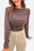Brown Polka Dot Boat Neck Knit Top | Long Sleeve Shirt - Pretty Melanin Boutique