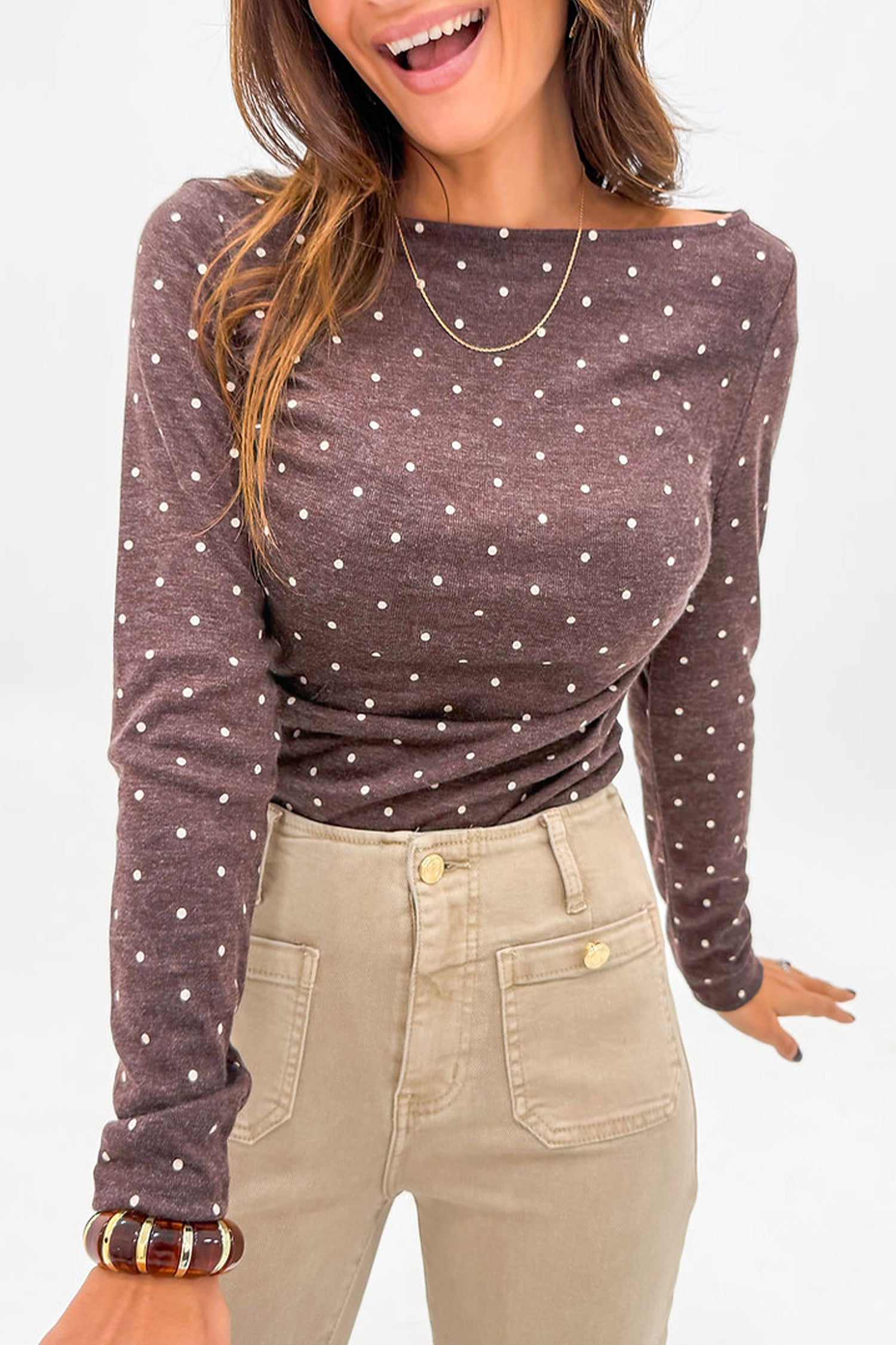 Brown Polka Dot Boat Neck Knit Top | Long Sleeve Shirt - Pretty Melanin Boutique