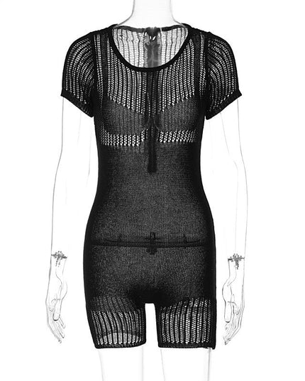 Women's Zipper Hollow-out Tight Hip Lifting Knitted Short Romper